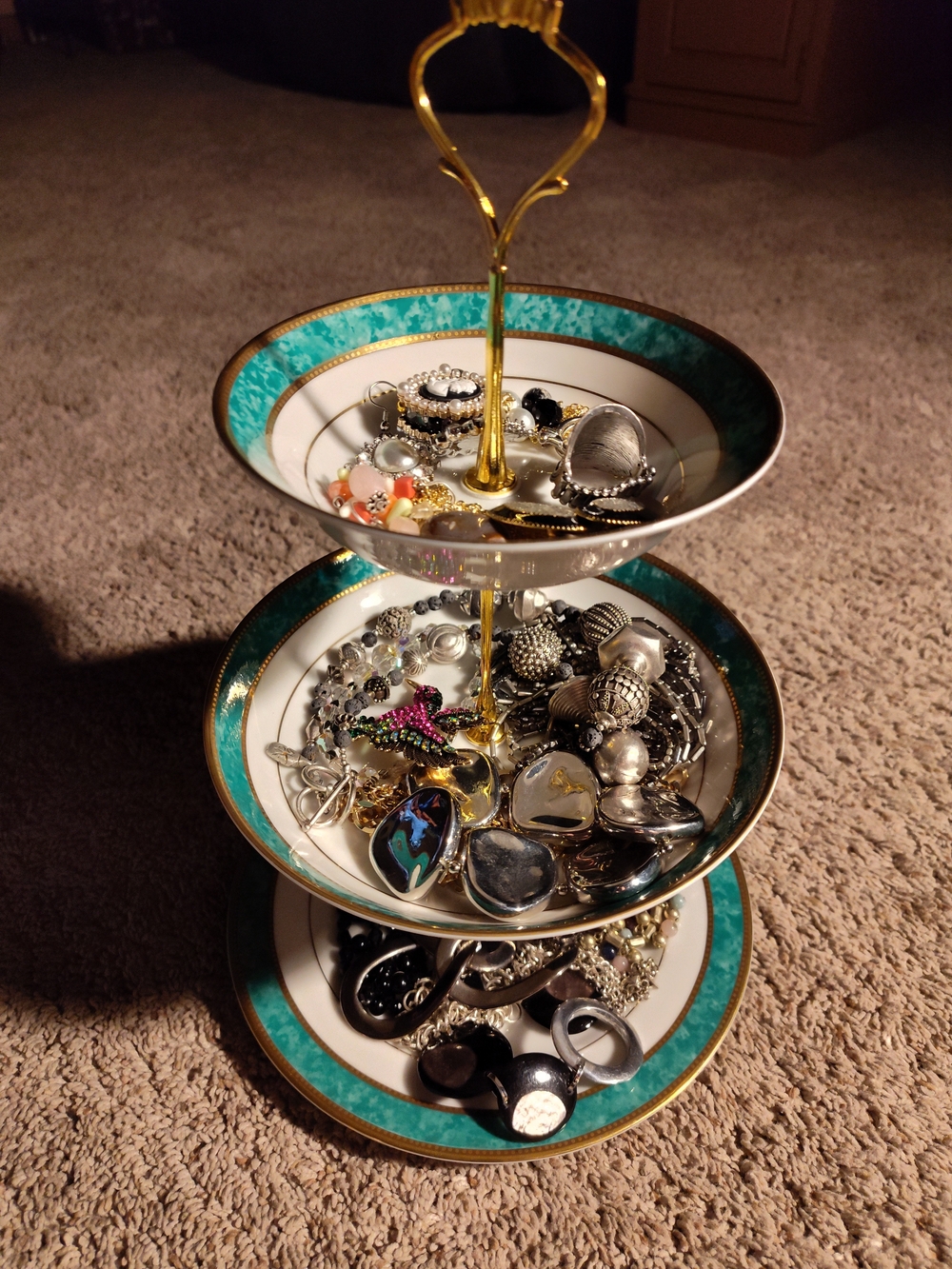 Three-Tier Jewelry Stand - Teal & Gold Ceramic Organizer